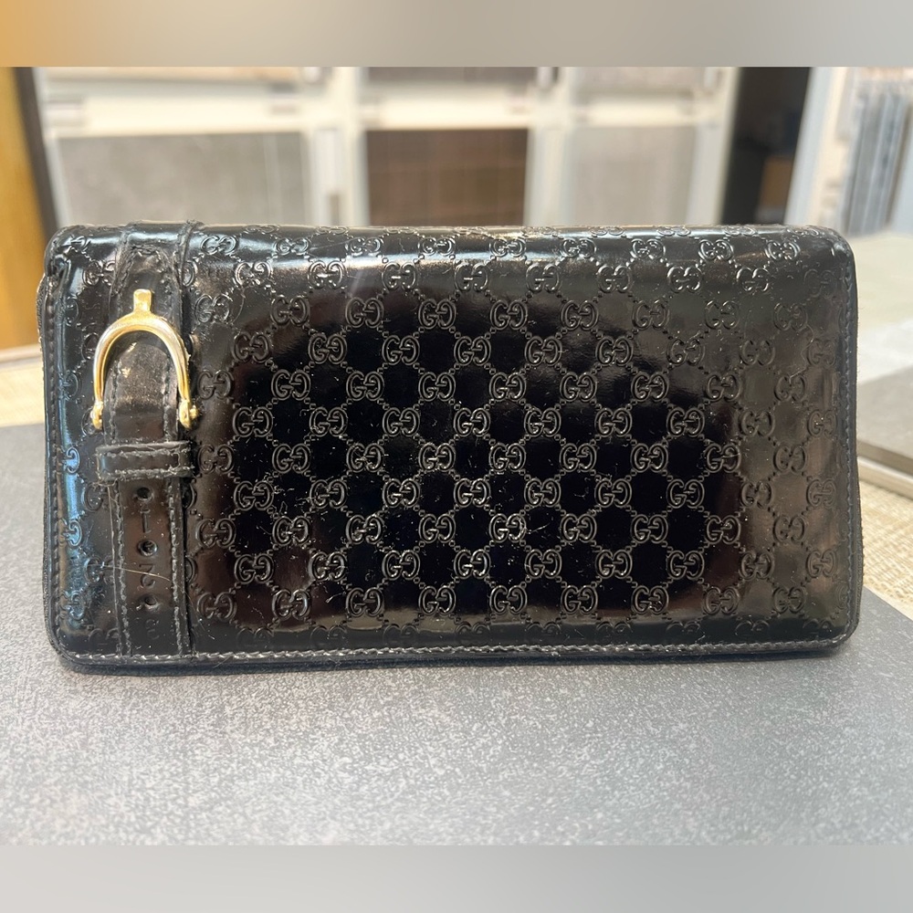 Gucci Guccissima Long Black Patent Leather Wallet